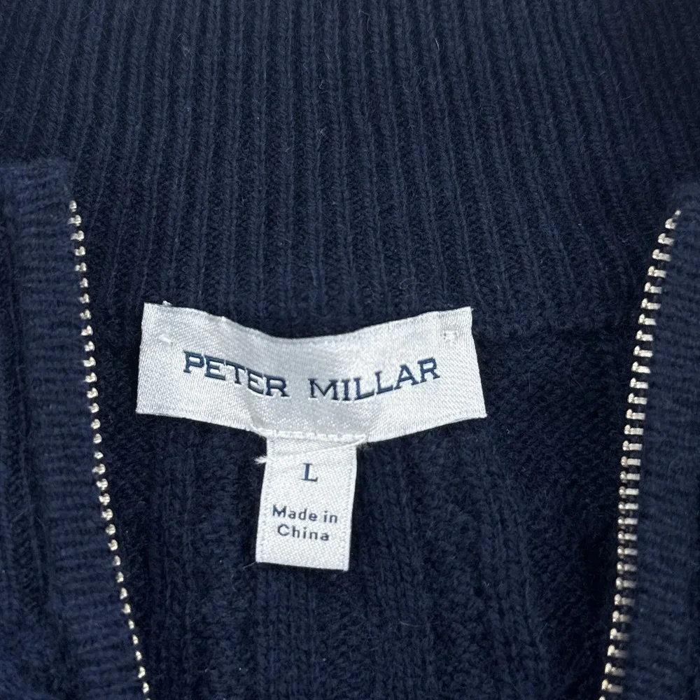 Peter Millar Mens Sweater L Blue Wool Yak Cashmere Crescent Ridge Cable 1/4 Zip